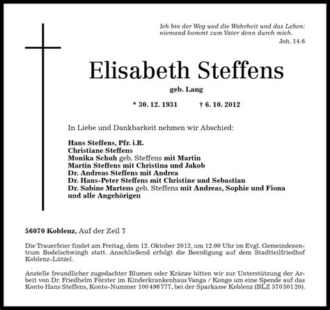 Traueranzeigen Von Elisabeth Steffens Rz Trauer De