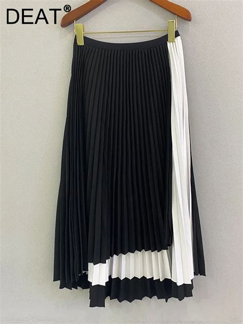 Deat Woman Pleated Skirt Multi Layer Color Block Elastic Waist Casual