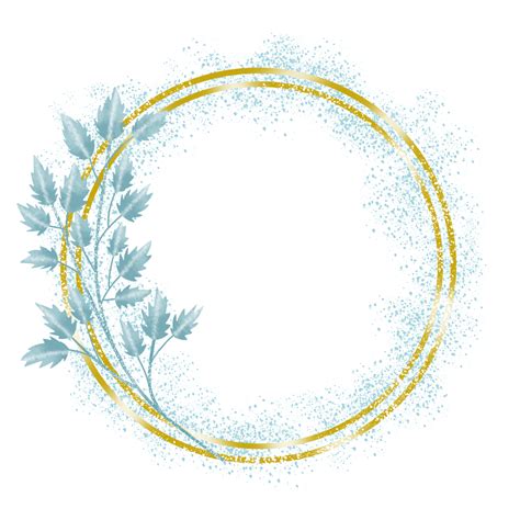 Romantic Golden Circle Frame With Watercolor Blue Pastel Leaf For