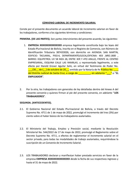 Modelo De Convenio De Incremento Salarial Convenio Laboral De