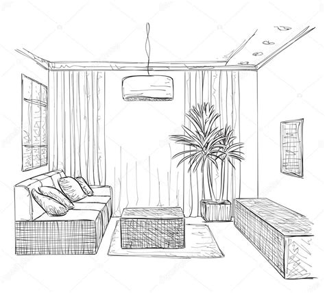 Hand drawn room interior. Furniture sketch. — Stock Vector © Yuliia25 ...