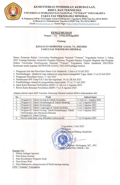 Kegiatan Semester Gasal Ta Fakultas Teknologi Mineral