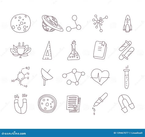 Cute Cartoon Icons on Science, School, Study Theme. Physics, Chemistry ...