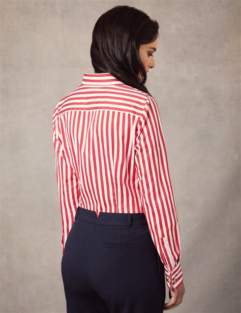 Womens Red White Bengal Stripe Fitted Shirt French Cuff Hawes