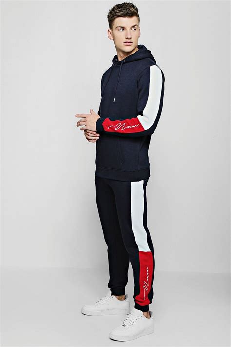 Man Signature Panel Colour Block Hooded Tracksuit Boohooman Track