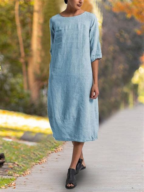 Casual Cotton Solid Crew Neck Linen Maxi Dresses Noracora