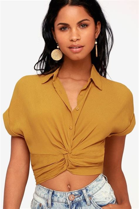 Cali Coastline Mustard Yellow Button Up Knotted Crop Top Crop Tops