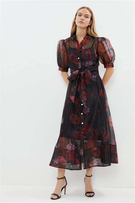 Coast Organza Puff Sleeve Printed Tie Waist Shirt Dress Coast22102152