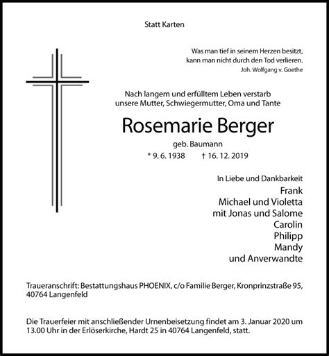 Alle Traueranzeigen F R Rosemarie Berger Trauer Rp Online De