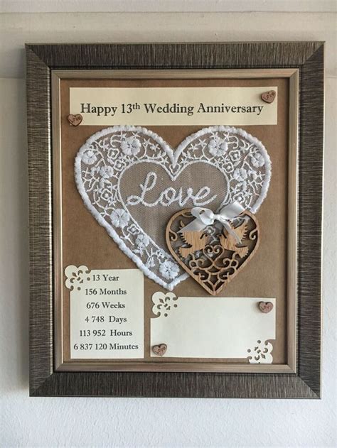 13th Wedding Anniversary Frame Rustic Gift Lace 3D Handmade Wooden Love