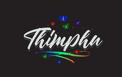 White Thimphu Handwritten Vector Word Text With Butterflies And