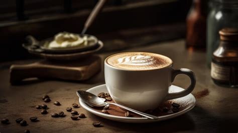 Premium AI Image Cups Cappuccino On A Wooden Surface Background