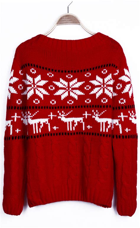 Red Snowflake With Deer Christmas Pattern Cable Sweater Shein Sheinside