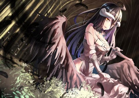 Wallpaper Long Hair Yellow Eyes Wings White Dress Horns Feathers Gloves Black Hair