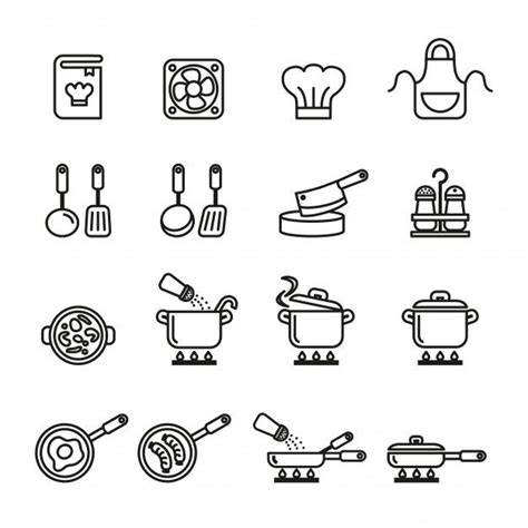 Kochen küchenwerkzeuge und utensilien icon set Premium Vektor