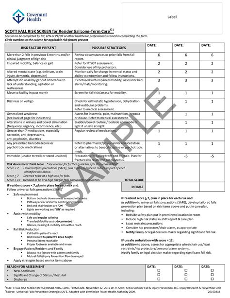 Scott Falls Risk Assessment Tool Risk Factor P Resent Possible Strategies Date Date Date