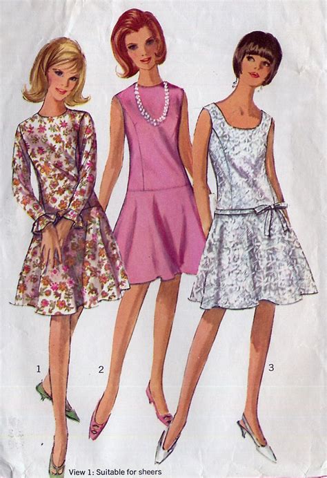 1960s Vintage Drop Waist Dress Pattern Simplicity 6539 Semi Circular Skirt Neckline