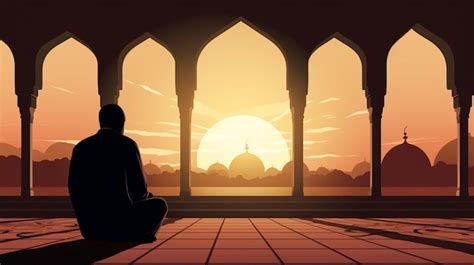 Premium Vector A Man Is Looking At A Mosque With A Silhouette Of A