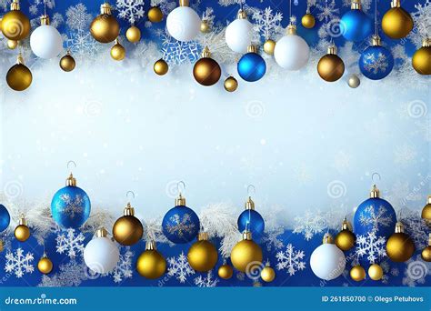 A Blue And White Christmas Background With Gold And Silver Ornaments