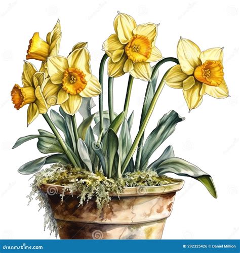 Spring Daffodils In Pot Watercolor Illustration Spring Clipart Stock