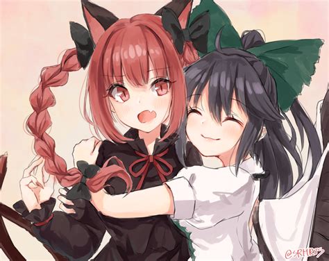 2girls Animal Ears Black Hair Blush Bow Braids Catgirl Fang Hug