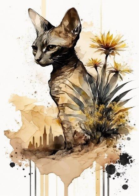 Peinture De Chat Sphinx Aquarelle Fascinante Et Détaillée Vecteur Premium