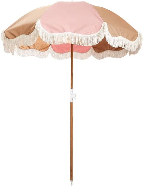 Holiday Umbrella Boho Beach Umbrella With Fringe Upf 50 Blocks 98 Uv Premium Wood Pole