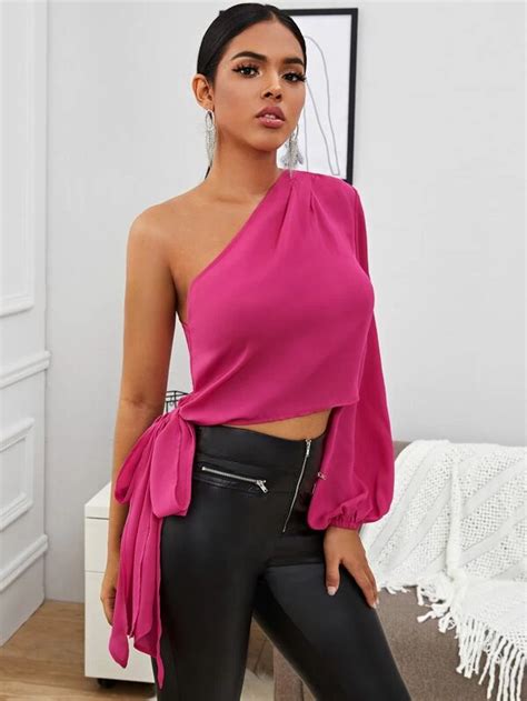 Shein One Shoulder Lantern Sleeve Knot Side Blouse Fashion Hot Pink