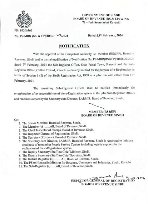 Board Of Revenue Sindh Notifies E Registration In Registrar Offices In