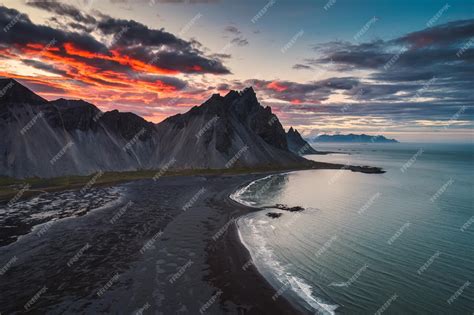 Premium Photo Aerial View Of Dramatic Sunset Sky Over Vestrahorn