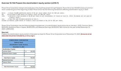 Solved Exercise 10 11A Prepare The Stockholders Equity Chegg