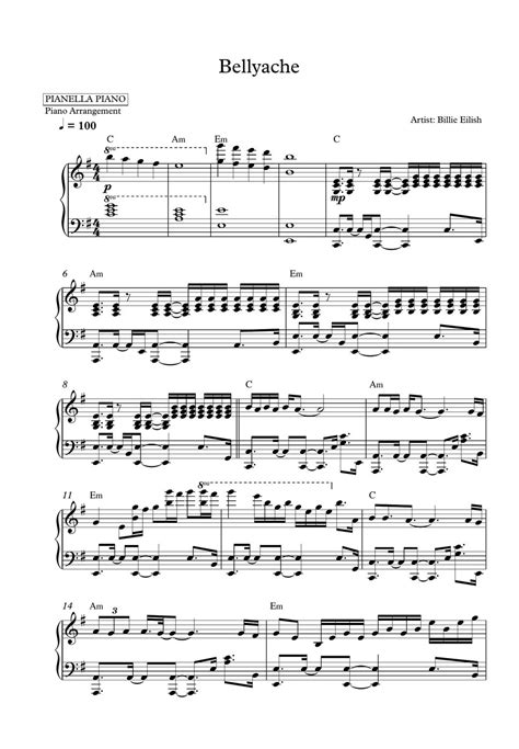 Billie Eilish Bellyache Piano Sheet Partition Musicale By Pianella Piano