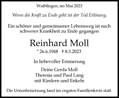 Traueranzeigen Von Reinhard Moll Zvw Trauer