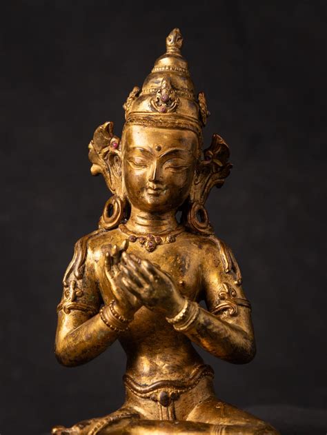 Middle Th Century Old Bronze Nepali Green Tara Statue In Vitarka