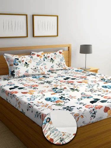 Floral Print Glace Cotton Elastic Fitted Double Bed Sheet With Two