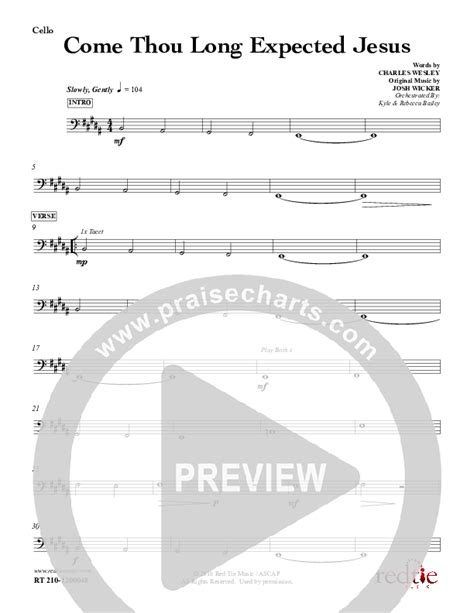 Come Thou Long Expected Jesus Cello Sheet Music PDF Red Tie Music