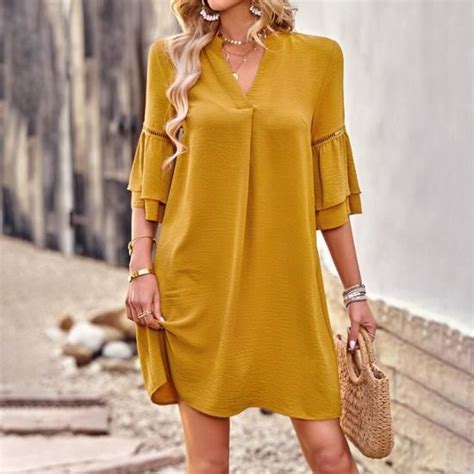 Robe Femme Chic Mode Elegant Col En V Sexy Occasionnel Jaune Jaune