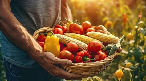 O agricultor está segurando uma cesta de legumes frescos no campo