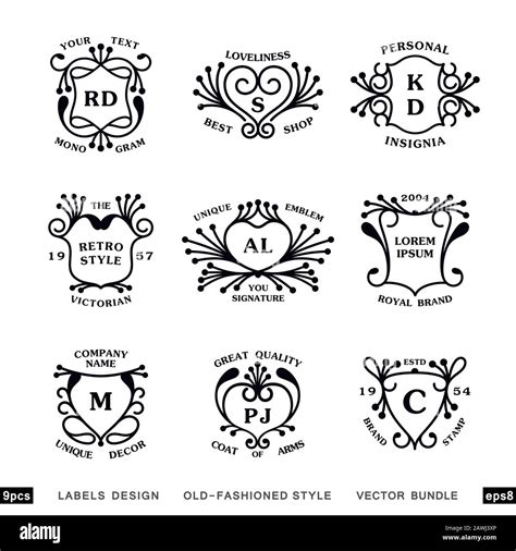 Set Of Linear Vintage Heraldry Designs Bundle Of Nine Monograms