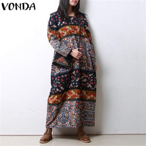 WomenFloral Impresso Vestido 2019 VONDA Outono Casual Solto O Pescoço