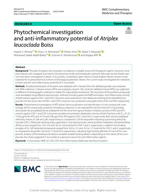 Pdf Phytochemical Investigation And Anti Inflammatory Potential Of