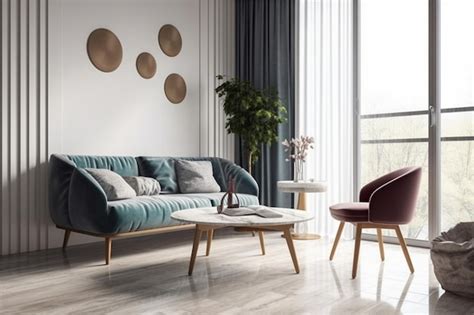 Premium AI Image | A living room with a blue sofa and a red chair.