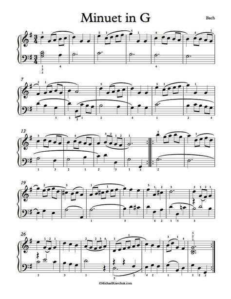 Free Piano Sheet Music For Bach Minuet In G Major 1 Page Version