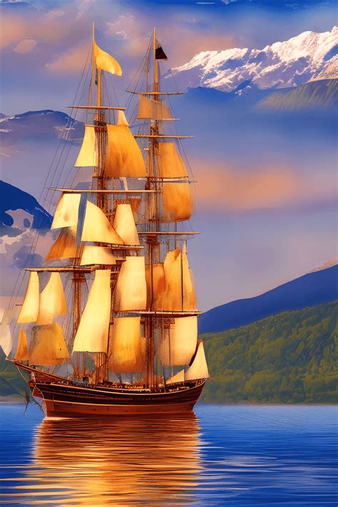 Tall Ships On Lake With Mountains At Golden Hour · Creative Fabrica