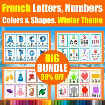 French Letters Numbers Colors Shapes Flash Cards BUNDLE Winter Theme