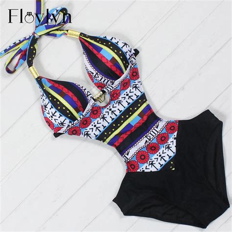 Floylyn Sexy Women Swimwear One Piece Swimsuit Halter Vintage Print