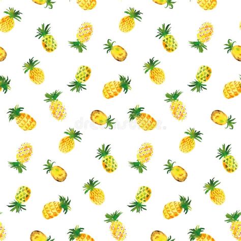 Watercolor Seamless Pattern Of Pineapple On White Background Stock