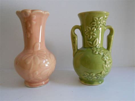 Minature Shawnee Pottery Flower Vases Green And Pink Etsy Shawnee