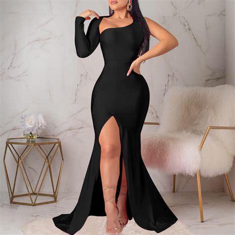 Floor Length Split Long Sleeve Oblique Collar Pullover Women S Maxi