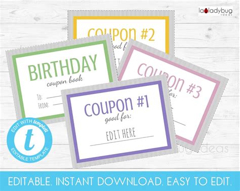 Editable Birthday Coupon Book. Printable Coupon Book. Editable and Printable Gift Coupon Cards ...